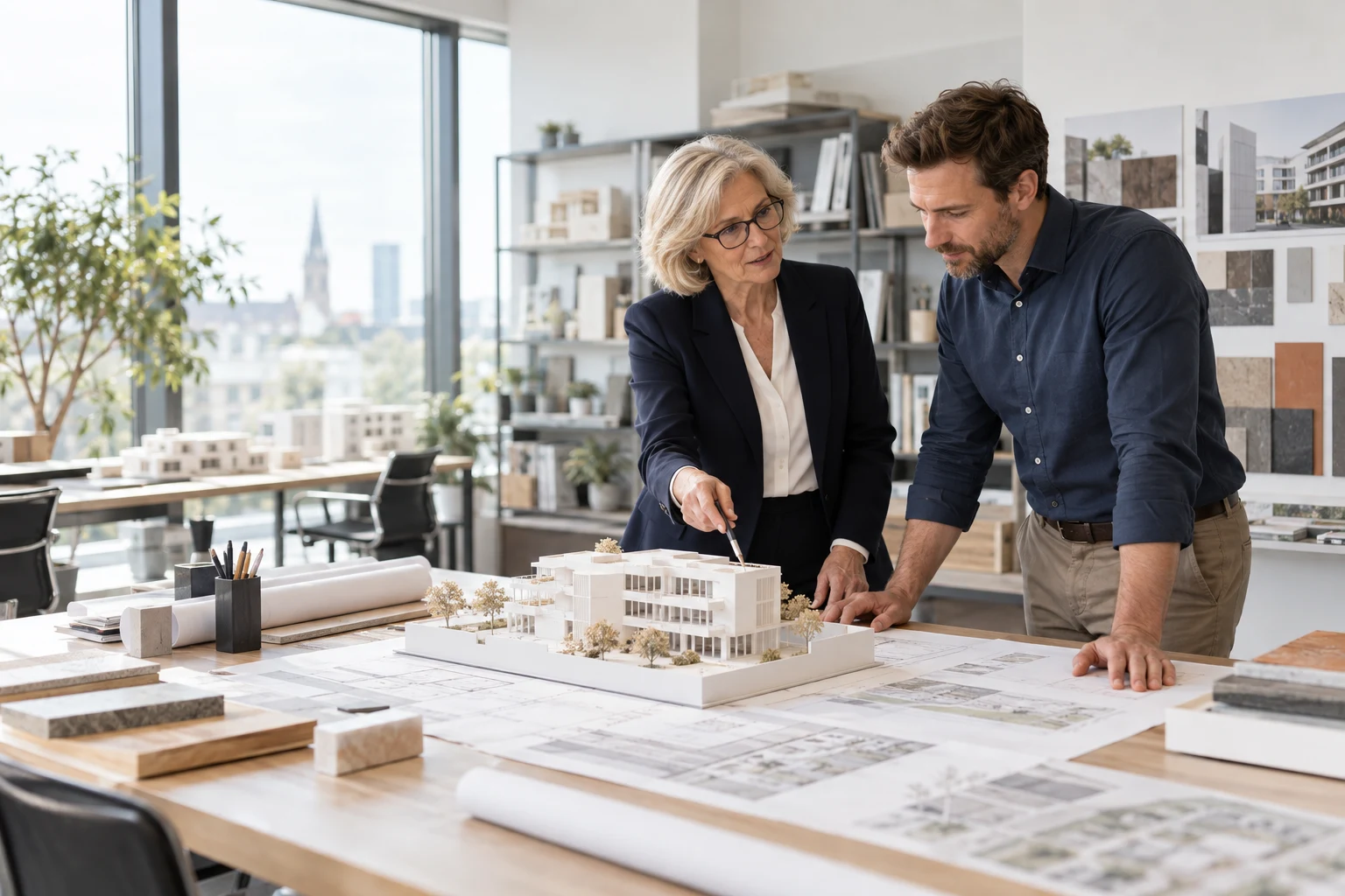 Planerinnen und Designer an Modellen und Entwurfsunterlagen in einem hellen Büro